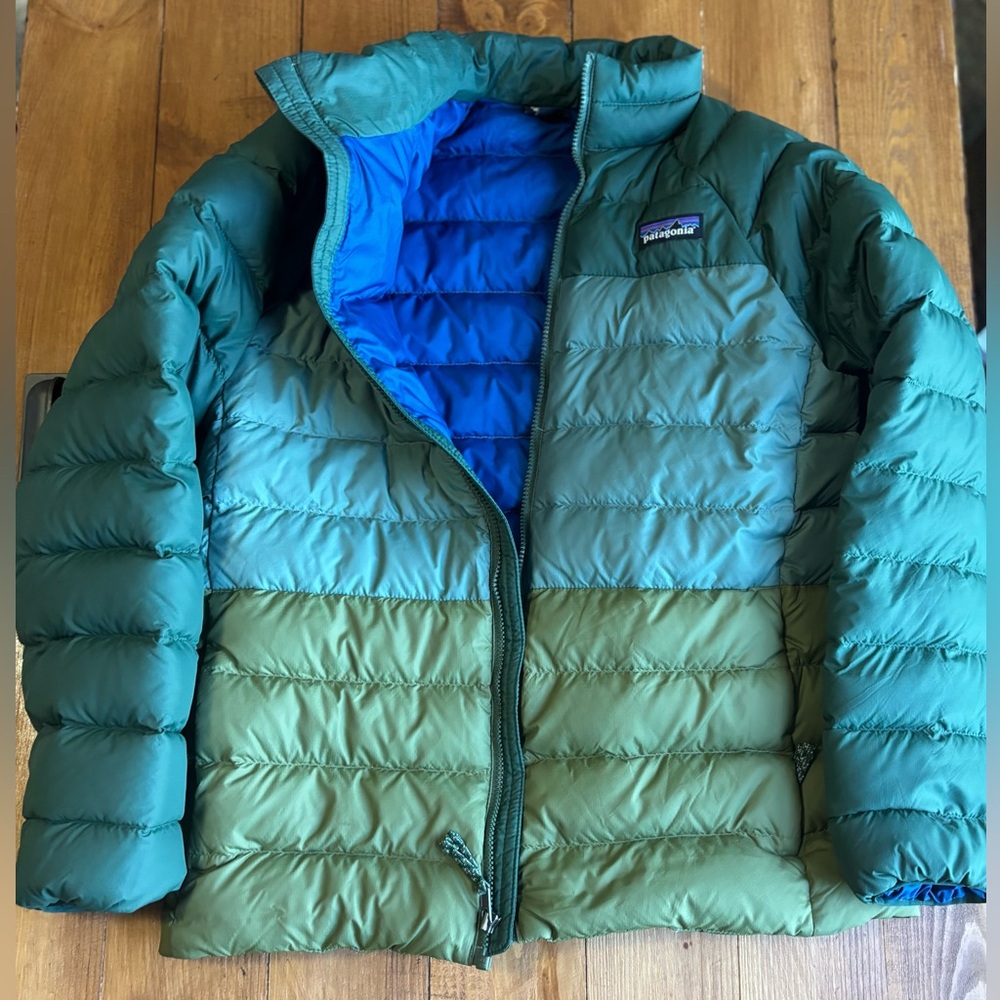 Patagonia Kids Down Sweater Jacket Green Olive 10-12 EUC